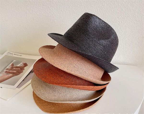 

wide brim hats 202107-2509100 summer handmade fine raffia grass classic solid small fedoras cap men women panama jazz hat, Blue;gray