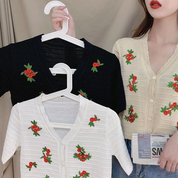 

womens sweater embroidery short sleeve v neck thin cardigan female summer casual single breasted flower sweaters for girls, White;black