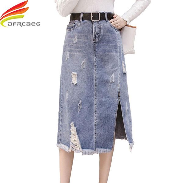 

skirts jeans skirt women 2021 autumn winter high waist split denim with belt ripped hole korean fashion womens, Black