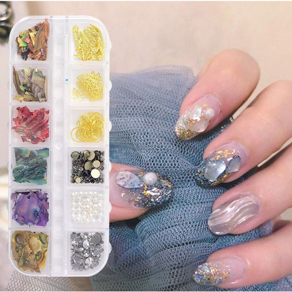 

grid in one box shell nail art sticker pearl natural rhinestone for nails 3d mixed colors jewelry accessories tcj345-23 decorations, Silver;gold