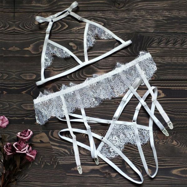 

bras sets lace teddy bodysuit lingerie erotic porno costumi women halter wireless bra bow open crotch thong garter underwear, Red;black