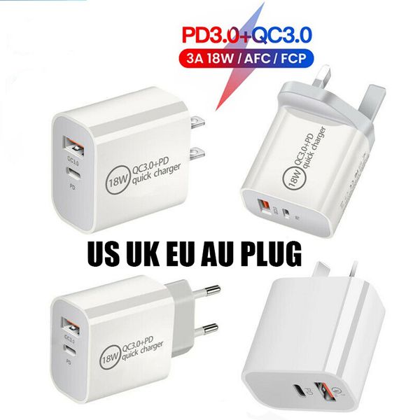 18W 20W 3A PD Type-C QC3.0 USB быстрая зарядное устройство Телефон US UK EU AU AU Plug Adapter Настенные зарядные устройства для iPhone 12 Pro Samsung OnePlus HTC Xiaomi AFC FCP