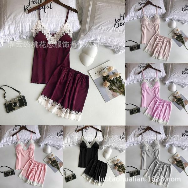 

bras sets temperament and interest clothing lingerie home pajamas split two-piece nightdress lace edge multi-color, Red;black
