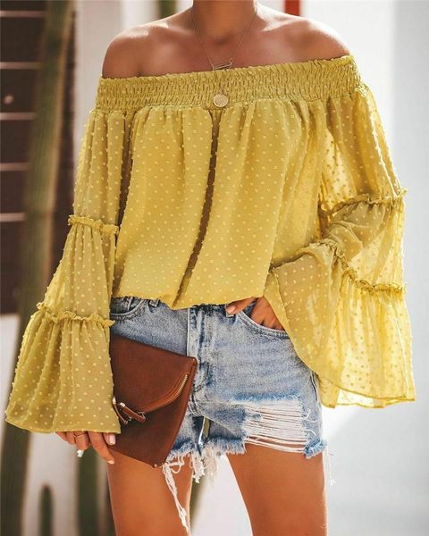 

women fashion summer shirts chiffon style ladies casual off shoulder blouse trumpet sleeve shirt women's blouses &, White