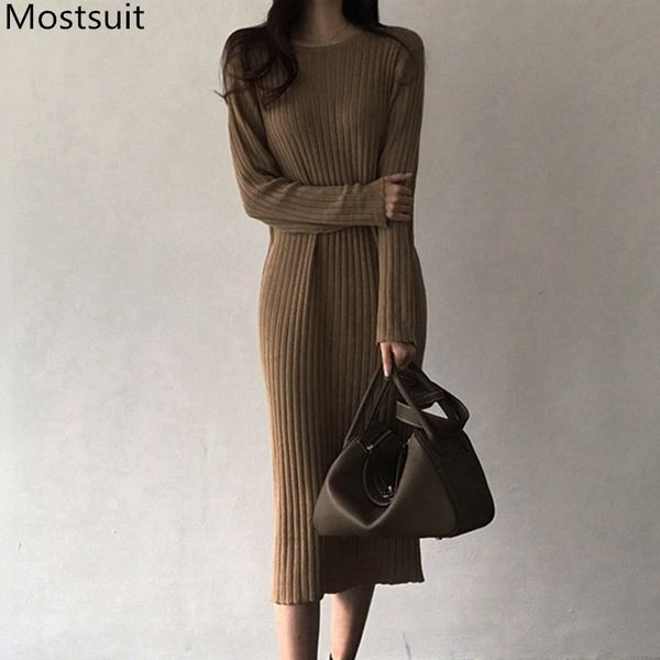 

solid casual knitting sweater dress women long sleeve o-neck korean fashion dresses autumn winter basic loose vestidos 210518, Black;gray