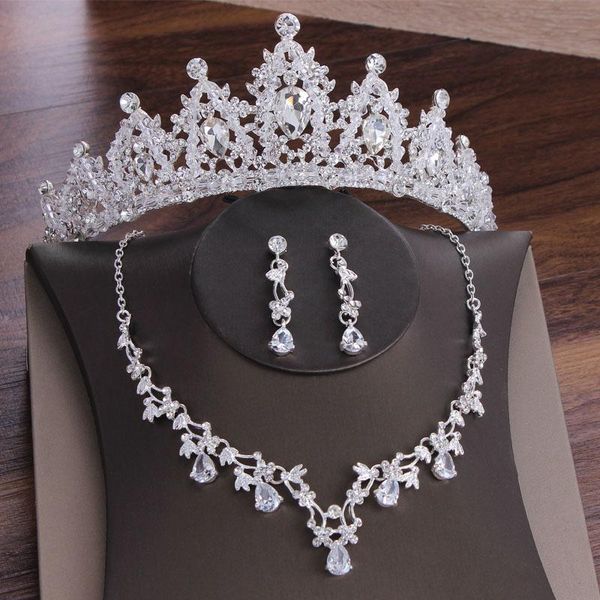

earrings & necklace baroque luxury crystal beads bridal jewelry sets rhinestone crown tiaras earring choker african dubai set, Silver