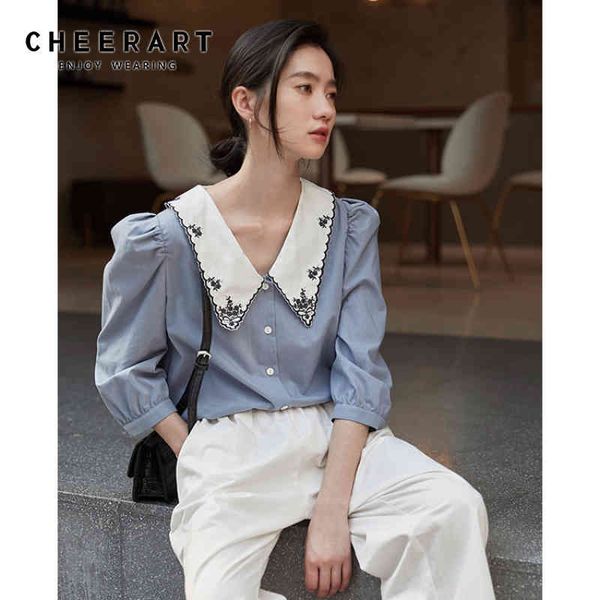 

vintage puff sleeve embroidery blouse women summer white blue korean button up ladies 210427