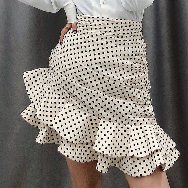 

ruffled high waist summer skirt women elegant dot print female warp dress casual party wear ladies skirts 210430, Black