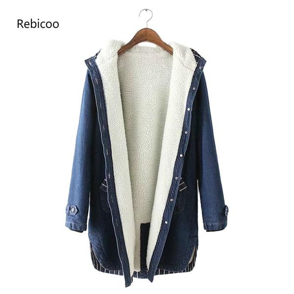 

women's jackets 2021 winter women lamb fur parka coat warm hooded denim jacket big size casual jeancoat female thick, Black;brown