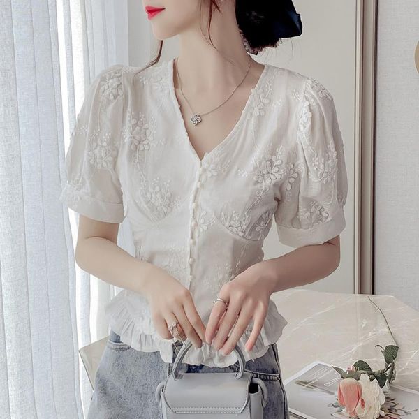 

women's blouses & shirts 2021 summer korean chiffon blouse women solid high waist v collar thin bubble sleeve retro lace shirt for gir, White