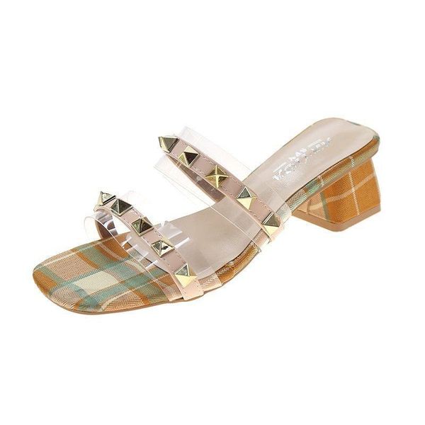

slippers gingham rivet ladies shoes summer women woman slides square mid heels fashion clear transparent mules, Black
