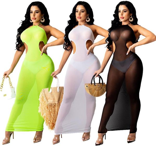 

women's swimwear beach dress solid color mesh see-through open back long skirt bikini, White;black