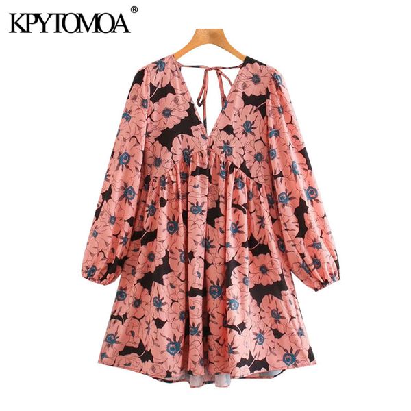 

women chic fashion floral print pleated mini dress vintage puff sleeve backless elastic female dresses mujer 210416, Black;gray