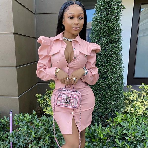 

casual dresses pink faux leather shirt dress women long sleeve button up club bodycon mini autumn winter elegant party vestido, Black;gray