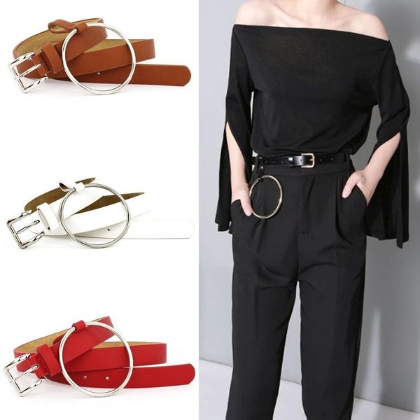 

belts est design fashion women waist belt lovely women's big ring decorated female gold buckle solid pu leather strap, Black;brown