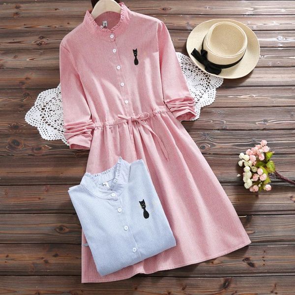 

casual dresses autumn sweet pleated dress women preppy style striped stand collar cartoon embroidery long sleeved female kawaii k147, Black;gray