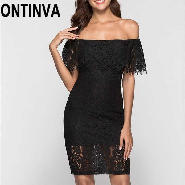 Abito attillato con spalle scoperte in pizzo nero sexy femminile per le donne sopra la lunghezza del ginocchio Abiti da notte da notte per feste rosse vintage 210527