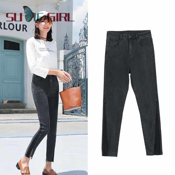 

girl autumn style korean straight high waist tight pencil pants fashion all-match denim trousers thin women's & capris, Black;white