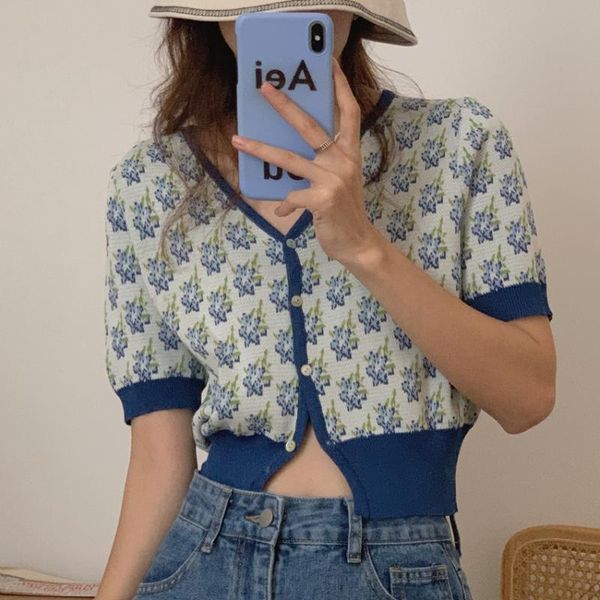 

summer korean french retro lazy v-neck contrast printed single-breasted short sleeve knit cardigan women's t-shirt, White