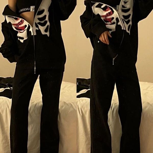 

women's jackets long-sleeved hooded coat solid color retro zip-up y2k harajuku anime gothic hoodies korean style loose skull print goth, Black;brown