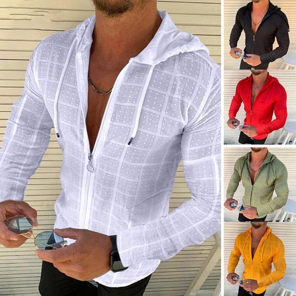 

men's casual shirts 2021 cotton long-sleeved shirt, high-end hooded slim cardigan, spotted zipper cardigan top, White;black