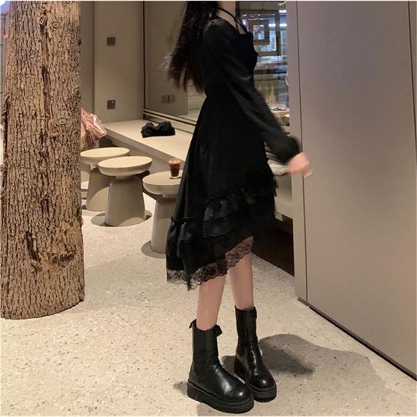 

new gothic women black fairy party dress cross square collar lolita princess irregular dress cute kawaii lace ruffles chic dress, Black;gray