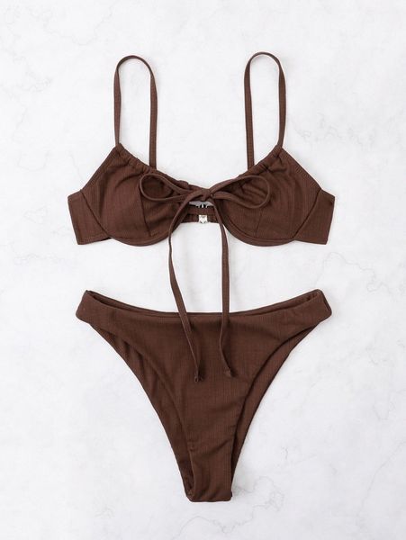 

rib tie front underwire bikini swimsuit v5x4#, White;black