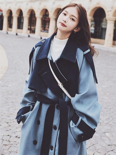 

women's wool & blends stitching thick quilted woolen coat women trench 2021 winter korean style loose long double breasted spliced over, Black