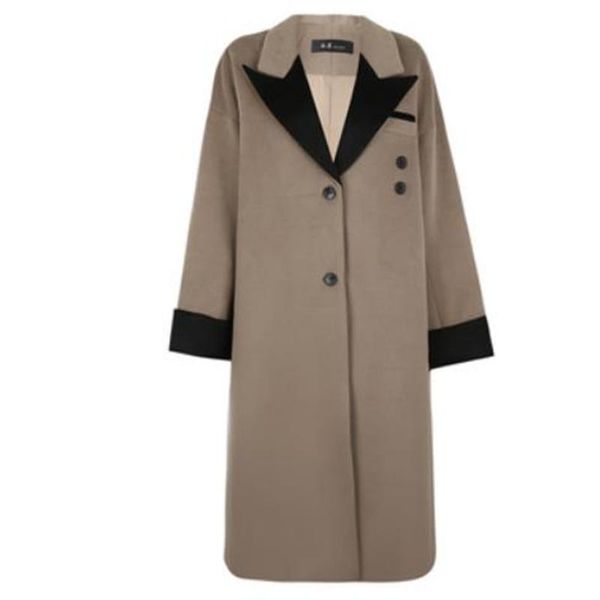 

women's wool & blends two-wear contrast color stitching woolen coat women autumn winter lapel x-long loose outwear, Black