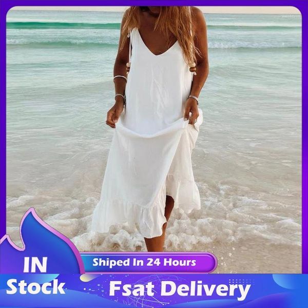 

casual dresses women bohemian dress sleeveless spaghetti strap solid v-neck beach camis a line ruffles summer plus size white, Black;gray