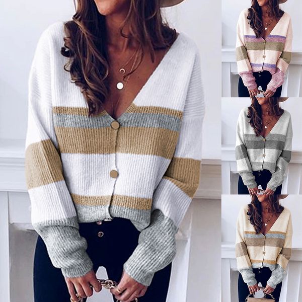 

fashion sweater fine woolen 2021 autumn leisure multi color stitching cardigan v-neck women's coat, White;black