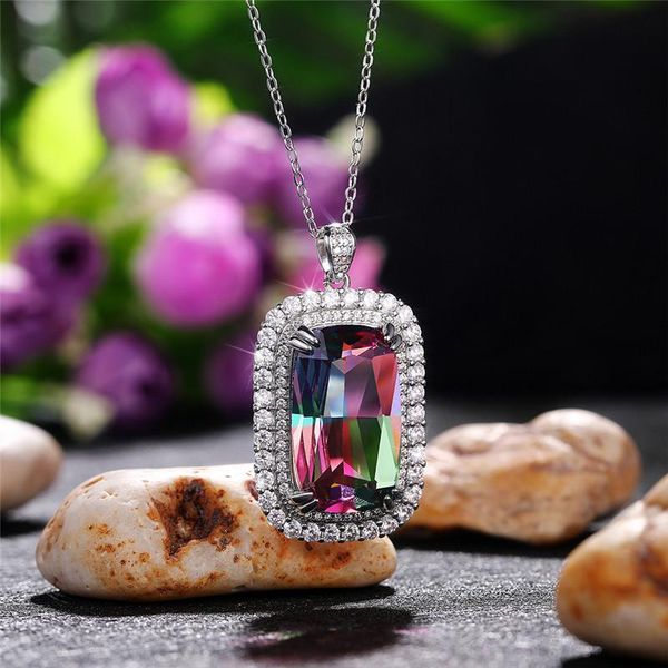 

pendant necklaces huitan vintage colored cubic zirconia necklace for women big stone lady's accessories anniversary party luxury jewelr, Silver