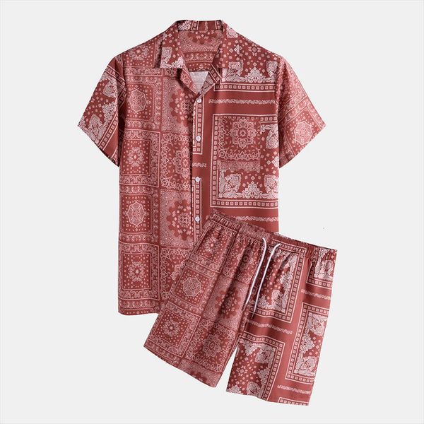 

outfit full print shirt shorts mens tracksuit summer thin hawaiian beach short sleeved japanese retro style 2 piece set, Gray