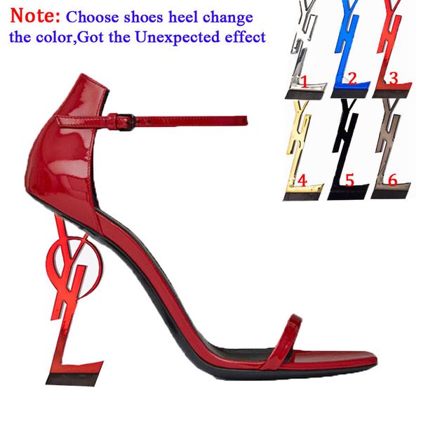 

Paris Metal Letters Luxury Designer Brand Dress Shoes High Heels Women Sexy Open Toe Super Highs Heel Sandals Bridal Wedding Banquet Shoe SLY Blue soles Sandal, Boxes