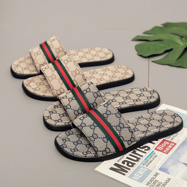 

luxury printed pattern slipper men brand designer slides fashion summer beach flat sandals stripe slippers blue khaki outdoor indoor flip fl, Black