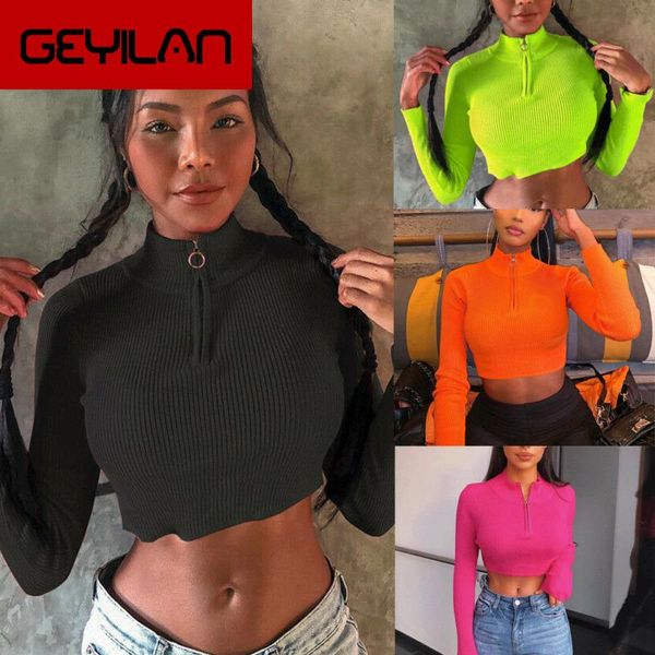 

women's blouses & shirts 2021 long sleeve zipper patchwork crop autumn winter women neon bodycon blouse streetwear club party outf, White