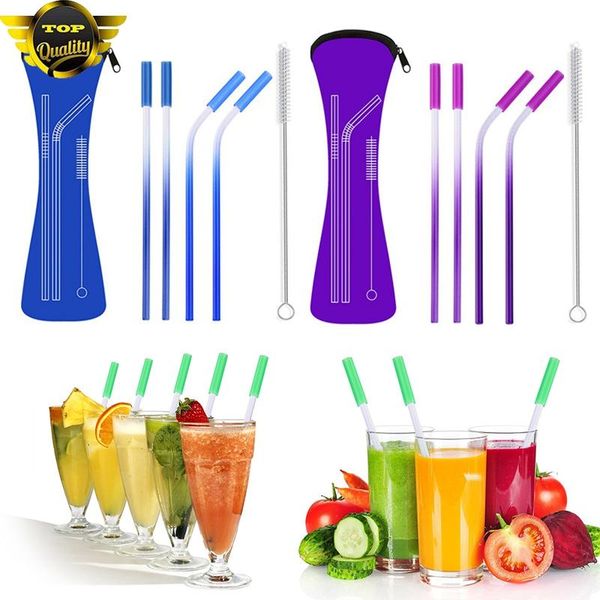 

drinking straws stainless steel gradient color straw with anti-scratch silicone head metal reusable eco-friendly party bar supply