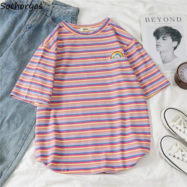 

women's t-shirt t-shirts women 2021 summer loose korean style simple various color all-match womens striped o-neck short sleeve female, White