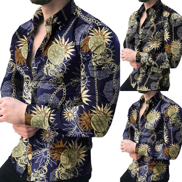 

men's casual shirts chain print shirt long-sleeved button lapel, White;black