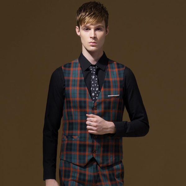 

men's vests men formal suits orange plaid business wedding groom young man party fashion autumn winter leisure slim v-neck arrival, Black;white