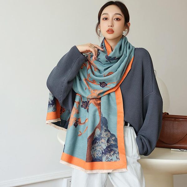 

scarves 2021 scarf women cashmere pashmina lady stoles design print female warm shawls and wraps blanket luxury foulard bandana, Blue;gray