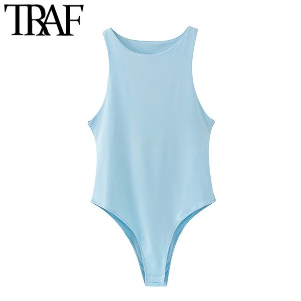 

traf women fashion stretchy slim solid bodysuits vintage o neck sleeveless female playsuits chic 210415, Black;white
