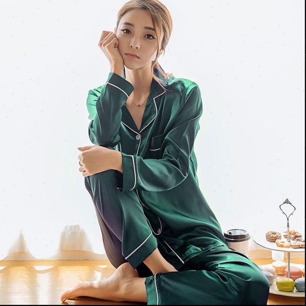 

silk satin pajamas set women sleepwear long sleeve suit homewear, Black;red