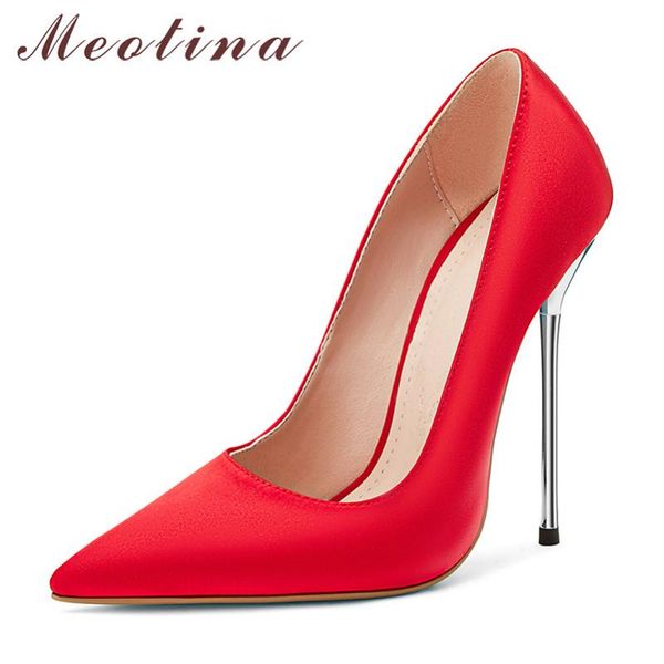 

dress shoes meotina high heels women pumps silk stiletto heel party shallow pointed toe ladies spring red plus size 43, Black