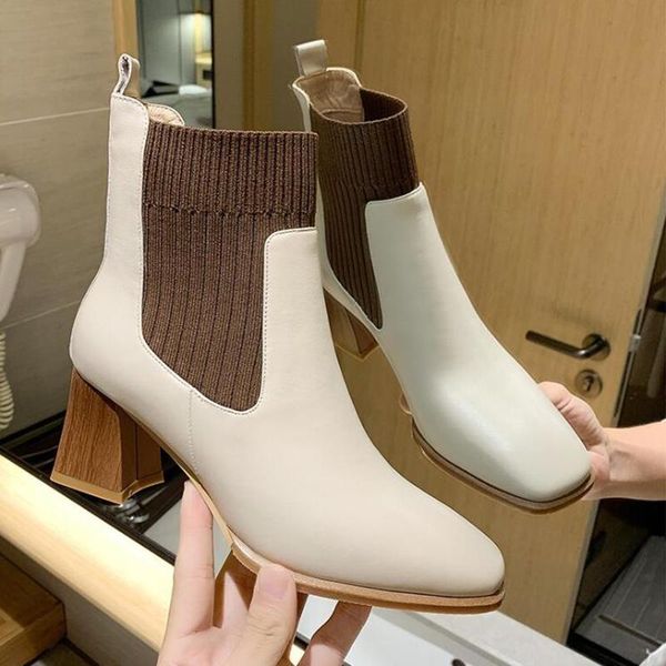 

boots ankle women shoes woman fashion high heel pu short 2021 autumn elastic square toe d481, Black