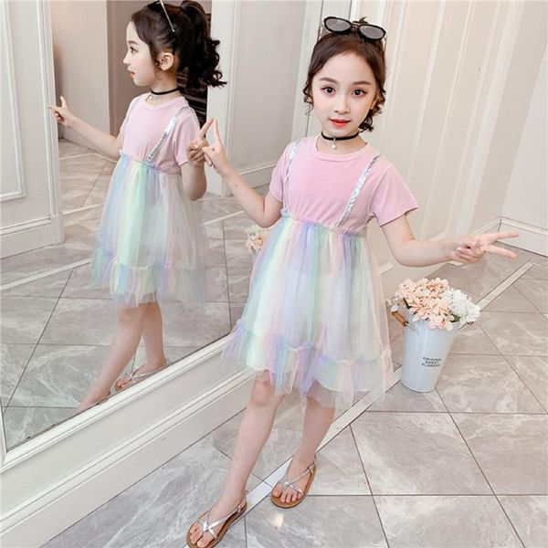 

girl's dresses baby girls summer casual short-sleeved dress fashion sequin shoulder straps rainbow mesh yarn stitching, Red;yellow