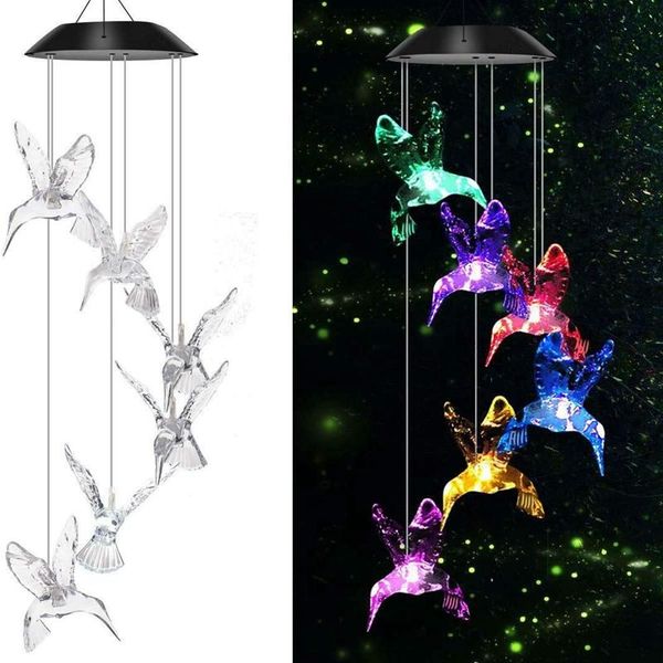 

solar lamps led hummingbird wind chime changing color waterproof six chimes for home party night garden decoration