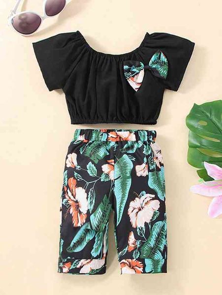 

baby bow front raglan sleeve & tropical print pants she, Blue
