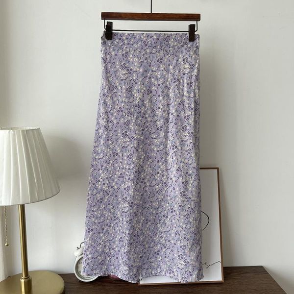 

skirts summe elastic waist floral print women vintage high casual a line elegant lady midi 2021, Black