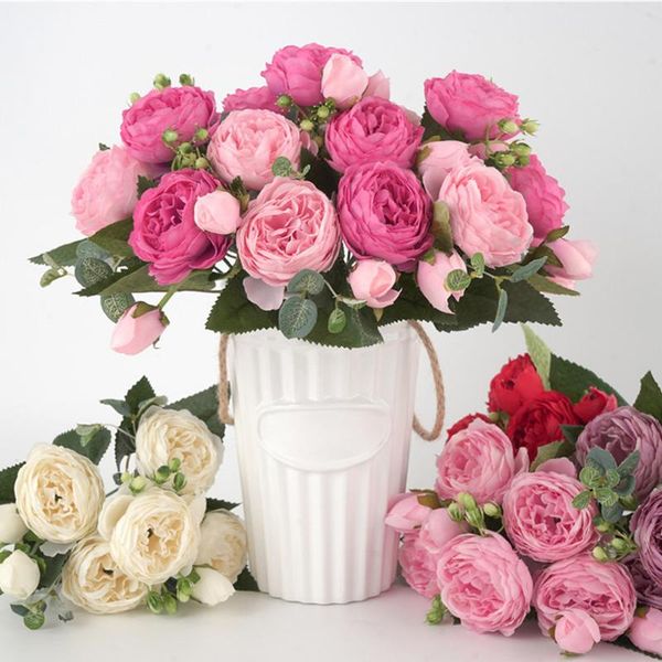 

30cm rose pink silk peony artificial flowers bouquet 5 forks 9 fake for home wedding decoration indoor decorative & wreaths